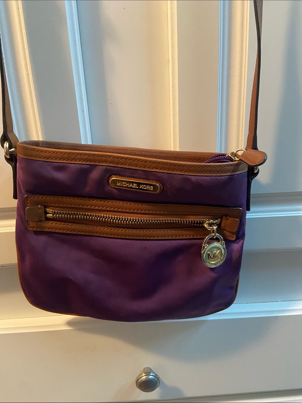 Michael Kors Purple Crossbody with Brown Trim and Gold Accent